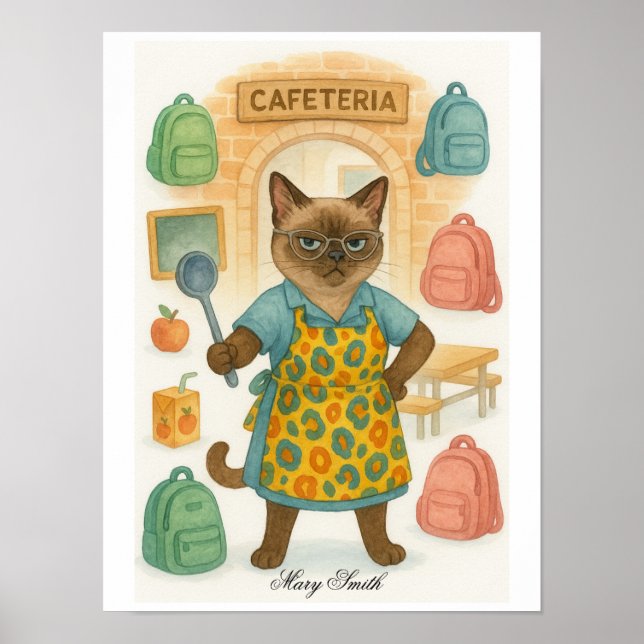 Affiche La dame de cantine chat siamois est à la cafétéria (Devant)