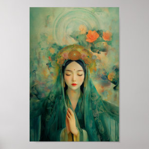Affiche La déesse bouddhiste Quan Yin Green Floral Peintur