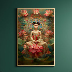 Affiche La déesse bouddhiste Quan Yin Pink Lotus Art