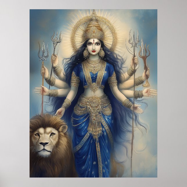 Affiche La déesse Durga avec Lion Divine Hindu Portrait Po (Devant)