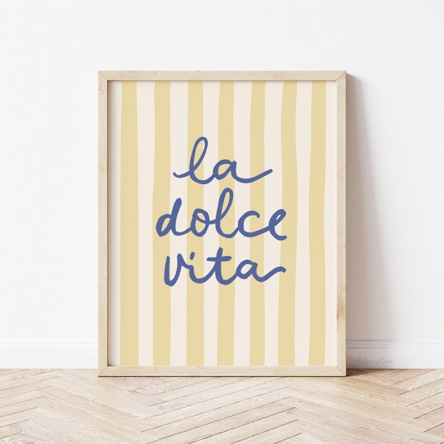 Affiche La Dolce Vita Méditerranée Italienne Positano (La Dolce Vita print in yellow and blue with doodle script)