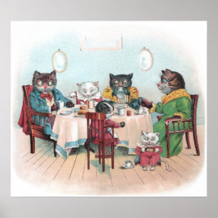 Affiche La famille Cat s'assoit au petit-déjeuner
