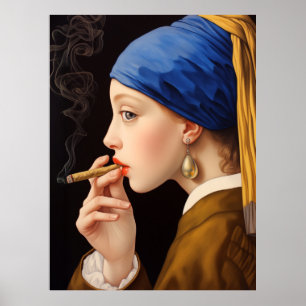 Affiche La fille de Vermeer avec une perle en train de fum