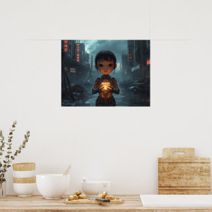 Affiche La fille réfugiée néon : Cyberpunk futuriste