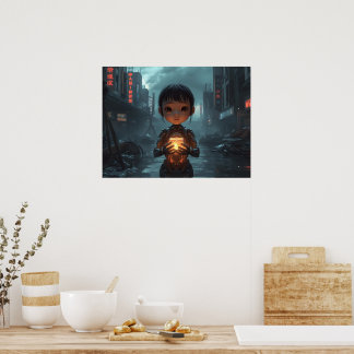 Affiche La fille réfugiée néon : Cyberpunk futuriste