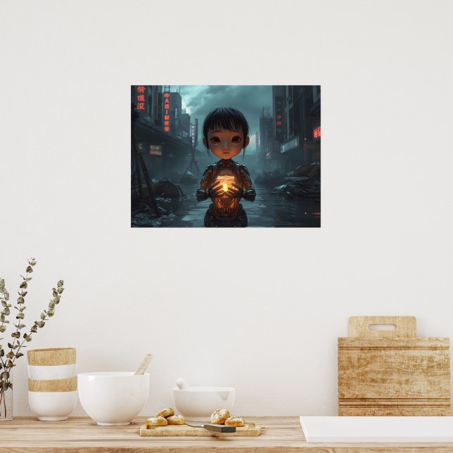 Affiche La fille réfugiée néon : Cyberpunk futuriste  (Cuisine)