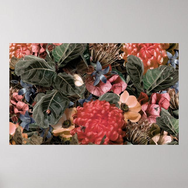 Affiche La fresque au mur. Fleurs et plantes avec des pion (Devant)