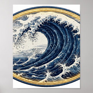 Affiche La Grande Vague Indigo — Style Gravure sur Bois