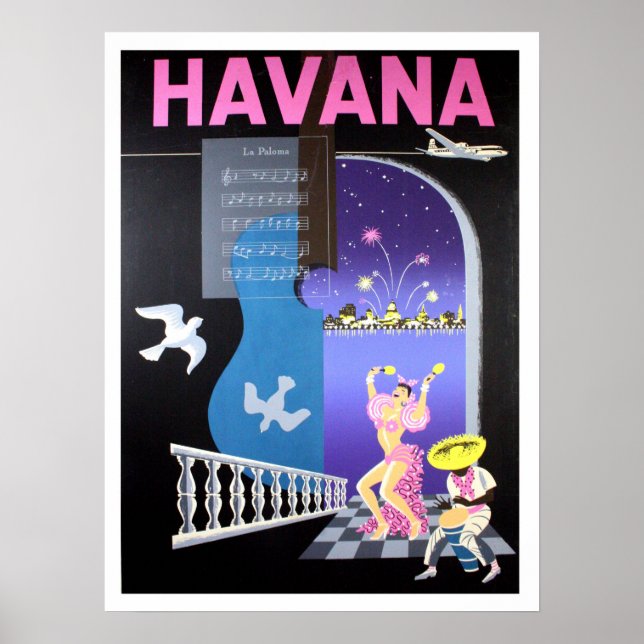Affiche La Havane, Cuba, nuits dansantes, compagnie aérien (Devant)