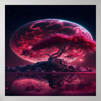 Affiche La lune de sang monte. Imaginaire lune rose violet