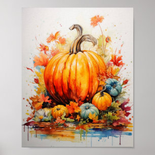 Affiche La magie d'automne : Citrouilles en aquarelle vive