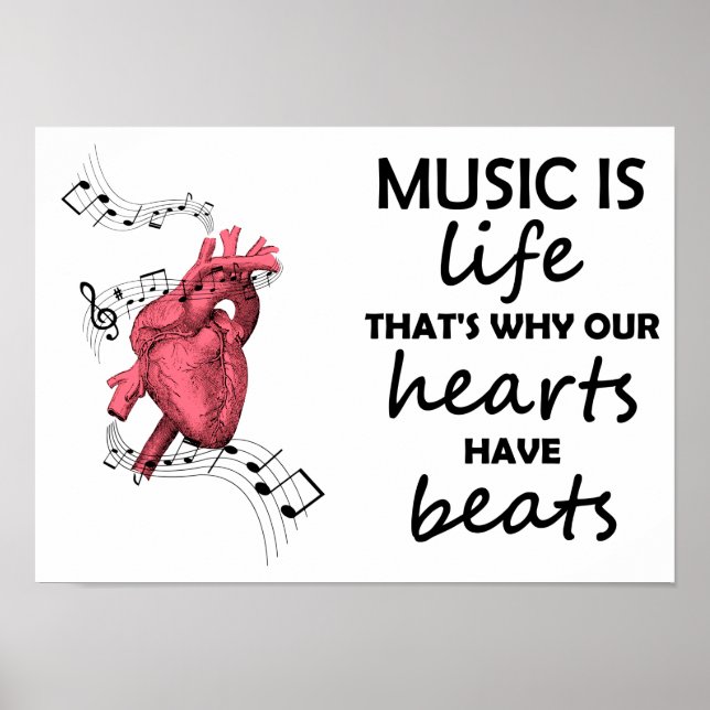 Affiche La musique est la vie, Heart Print, Music Quote, M (Devant)