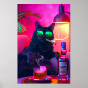 Affiche La nuit de Don Gatto Fancy Chat Boire Whiskey