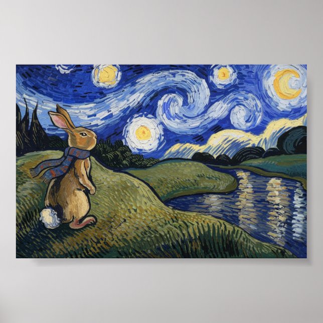 Affiche La nuit étoilée de Van Gogh avec Bunny (Devant)