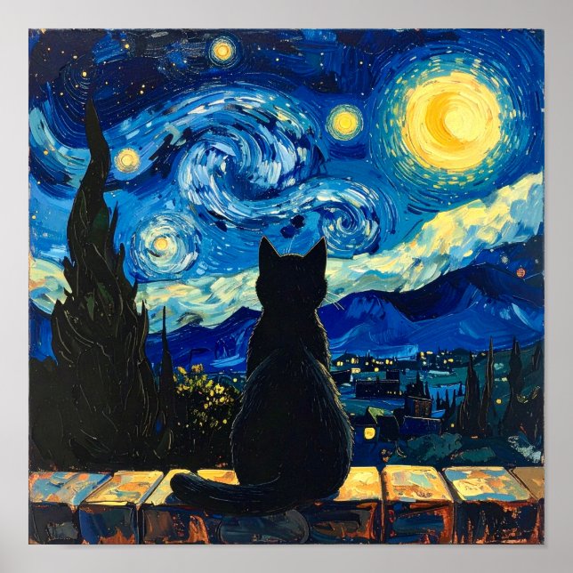 Affiche La nuit étoilée de Van Gogh avec chat noir (Devant)