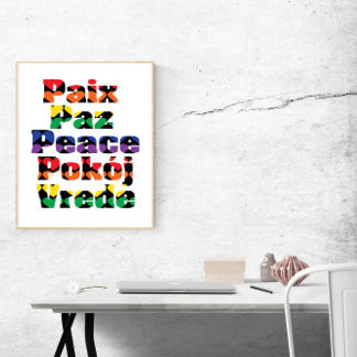 Affiche La paix dans plusieurs langues Coeurs arc-en-ciel