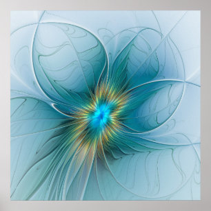 Affiche La petite Beauté Fleur Fractale Moderne Bleu Or