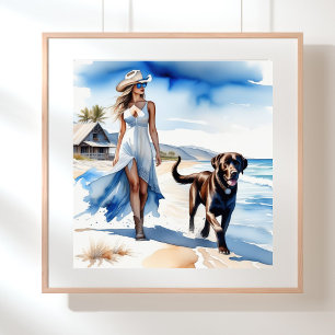 Affiche La petite fille côtière avec un chien sur la plage