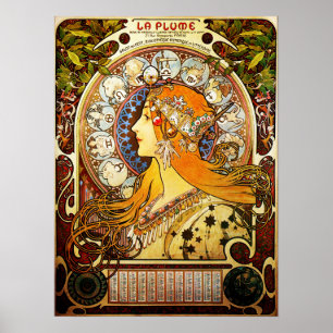 Affiche LA PLUME ZODIAC par Alphonse Mucha Art Nouveau