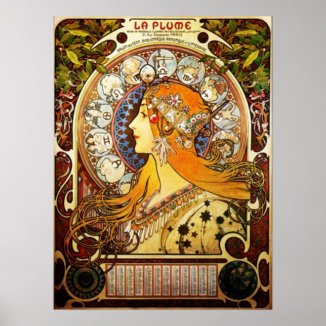 Affiche LA PLUME ZODIAC par Alphonse Mucha Art Nouveau (Devant)