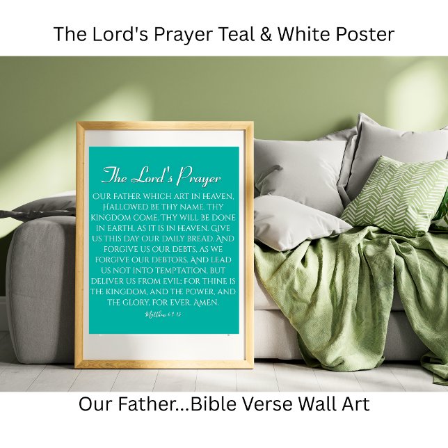 Affiche La prière du Seigneur Bleu Vert (The Lord's Prayer Teal & White Poster)