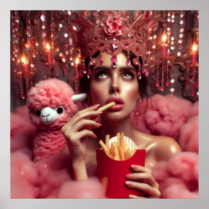 Affiche La reine en couronne avec frites et alpaga
