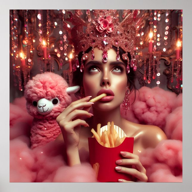 Affiche La reine en couronne avec frites et alpaga (Devant)