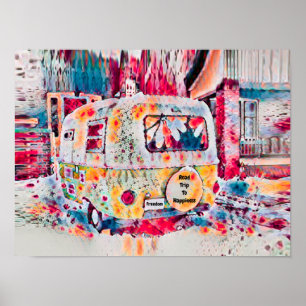 Affiche La Route Hippie Du Camper Retro Vers La Liberté Du