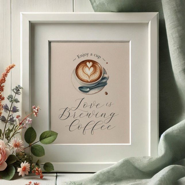 Affiche La Saint-Valentin : Bar à Café pour Enterrement de (Coffee bar sign love is brewing theme. Latte with heart shaped foam illustrated. )