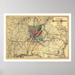 Affiche La savane et carte 1872 de chemin de fer de