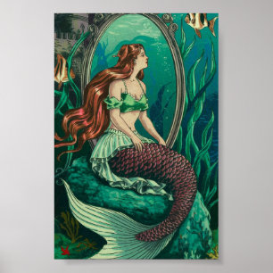 Affiche La sirène vintage sous la mer à la recherche d'un