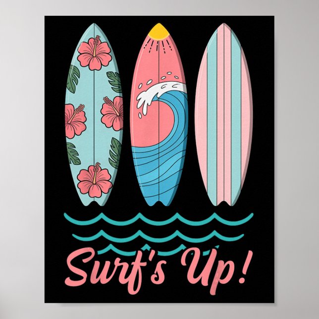 Affiche La vague est haute Planche de surf mignonne Été Pl (Devant)