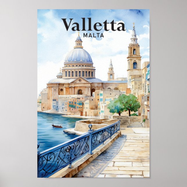 Affiche La Valette Malte Aquarelle Peinture Voyage (Devant)