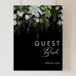 Affiche La verdure et la feuille d'or | Black Guest Book S<br><div class="desc">Nous avons conçu cette verdure et cette feuille d'or | noir signe de réservation d'invités pour compléter votre simple mais élégante réception boho. Il présente des feuilles modernes d'eucalyptus vert et blanc, du feuillage de fougères, une fleur succulente et un minimum de feuilles de feuille d'or. Ces éléments donnent l'impression...</div>