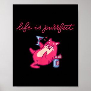 Affiche La Vie Est Purifiée ! Happy Drunk Cat Party Wine T