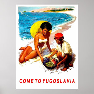 Affiche La Yougoslavie, femme sur la plage avec le vendeur