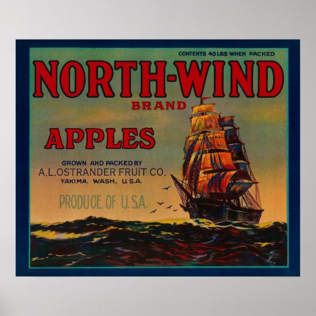 Affiche Label North Wind Apple CrateYakima, WA (Devant)