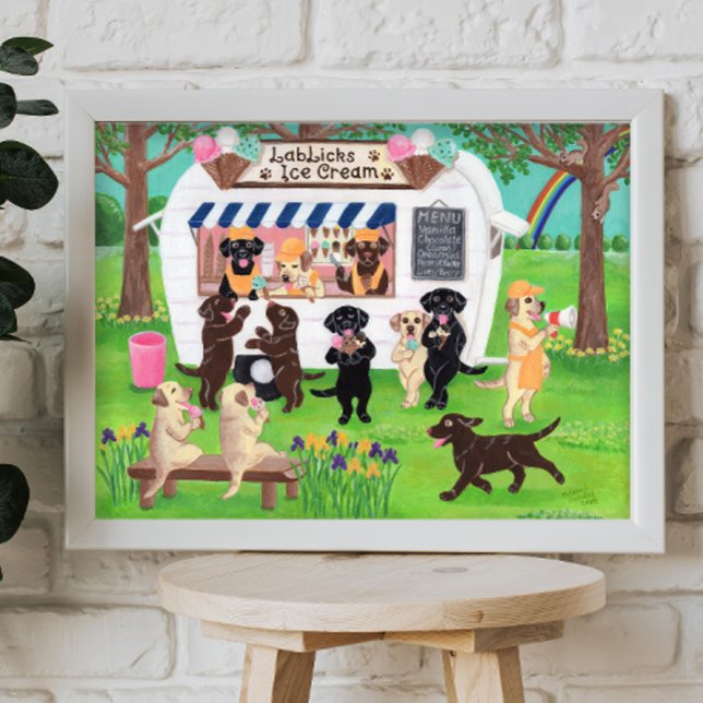 Affiche Labo Licks Laboratoires de crème glacée (Lab Licks Ice Cream Shop Poster for Labrador Owners.  Whimsical Labrador Art Print.)