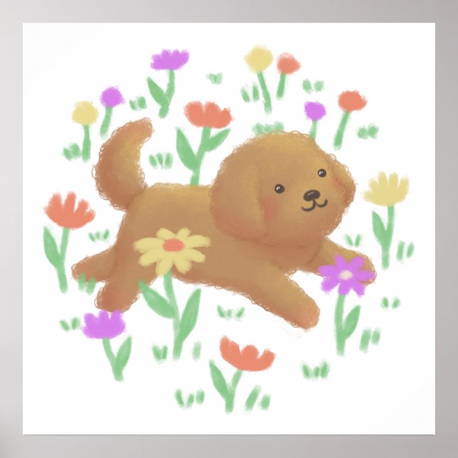 Affiche Labradoodle avec fleurs Illustration (Devant)