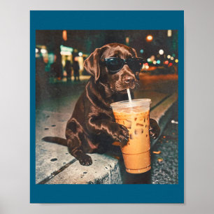 Affiche Labrador chocolat drôle buvant des amateurs de caf
