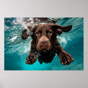Affiche Labrador chocolat joueur nageant sous l'eau