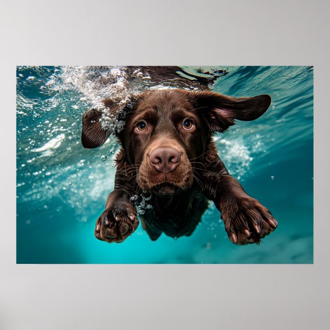 Affiche Labrador chocolat joueur nageant sous l'eau (Devant)