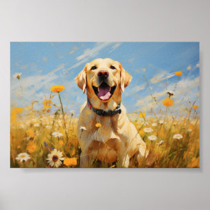 Affiche Labrador jaune en fleurs