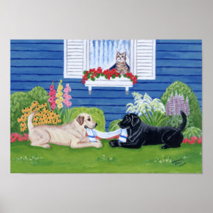 Affiche Labrador jaune et Labrador noir dans le jardin