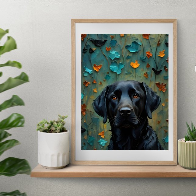 Affiche Labrador noir en Feuille (Black Labrador in Leaves Poster print artwork from Ricaso. Stunning black lab retriever print)
