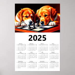 Affiche Labrador Retrievers Jouer aux échecs 2025 Calendri