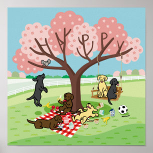 Affiche Labradors et Happy Cherry Blossom
