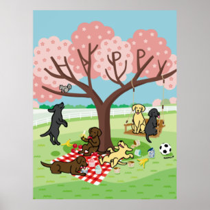 Affiche Labradors et Happy Cherry Blossom