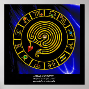 Affiche LABYRINTHE ASTRAL CARTE DU ZODIAQUE OR Astrologie