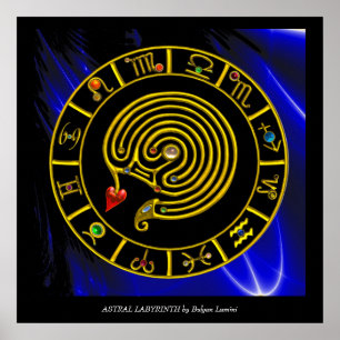 Affiche LABYRINTHE ASTRAL CARTE DU ZODIAQUE OR Astrologie